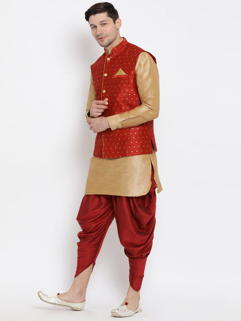 Vastramay Men's Maroon Zari Weaved Jacket With Kurta Dhoti Set